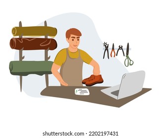 
A male cobbler gives out repaired shoes. Making an online order. Fashion designer, shoe repairman. Shoe tailoring concept. Vector illustration.