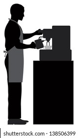 Male Coffee Barista Silhouette Making Espresso and Steaming Milk with Espresso Machine Vector Illustration