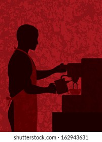 Male Coffee Barista Silhouette Making Espresso and Steaming Milk with Espresso Machine on Red Textured Background Vector Illustration