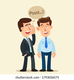 Male Colleagues Gossip In The Office At Work. Businessman Shares A Secret With Friend, Whispers In His Ear. Overhead A Speech Bubble With Text- Psst! Vector Illustration, Flat Cartoon, Isolated.