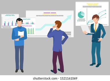Male colleagues working, looking at charts, infographics and diagrams on whiteboard. Employee using laptop, Teamwork data analytics vector illustration
