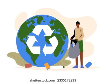 Male collect garbage, helping planet. Recycling of different products concept. Green environment concept. Call for proper waste management. Flat vector illustration in green and blue colors