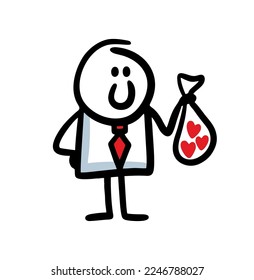 A male collector holds a transparent bag with red hearts in his hand. Vector illustration for holiday valentines day.