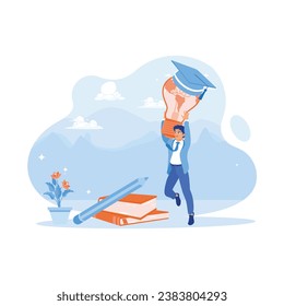  Male college student carrying a globe light bulb with a graduation cap. Innovative learning concept. Education concept. trend modern vector flat illustration