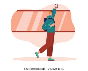 A male college student is on a train going to university, wearing a hoodie and a backpack. Character design. Vector flat illustration