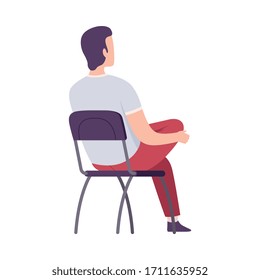 Male College Student Sitting on Chair in Class, Back View of Young Man During University Lecture Flat Vector Illustration