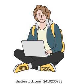 Male college student sitting and using laptop. Study, education and academic concept. Hand drawn vector illustration