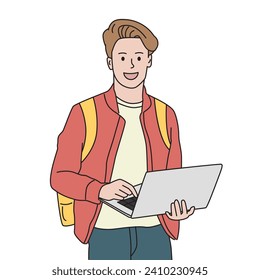 Male college student standing while using laptop. Study, education and academic concept. Hand drawn vector illustration