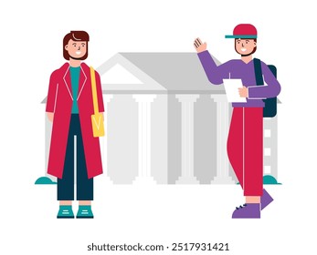 Un estudiante universitario con un sombrero rojo saludando a su amiga en su camino a una clase universitaria. Diseño de personajes. Ilustración plana de Vector