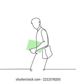 male college or university student walking with textbook in hands and bag on back - one line drawing vector. concept adult enrolled in an educational institution