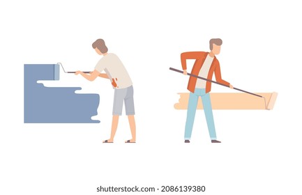 Male Coloring Wall with Paint Roller Vector Set
