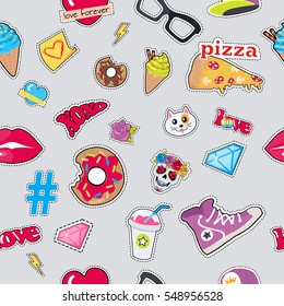 Male colourful rap cap, violet sport footwear, pizza, bitten doughnut, muzzle of cat, human skull with flower, diamond, lips, glasses, ice cream, love, cocktail, thunder sign, hashtag seamless pattern