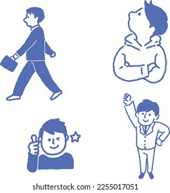 Male commuting, gut-pose, arms folded, thinking, line drawing