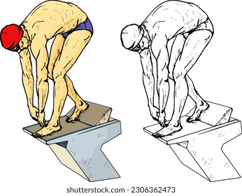 Male competitor swimmer ready on a swimming starting block, isolated against white. Hand drawn vector illustration.