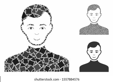 Male composition of bumpy elements in variable sizes and color tinges, based on male icon. Vector bumpy parts are united into collage. Male icons collage with dotted pattern.