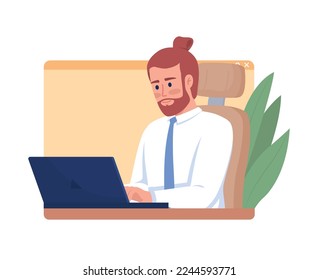 Male computer worker flat concept vector illustration. Office employee. Editable 2D cartoon character on white for web design. Professional creative idea for website, mobile, presentation