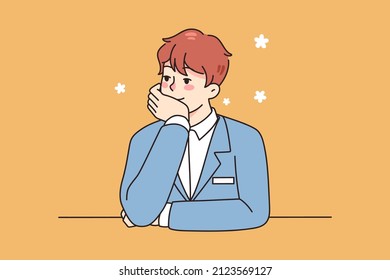 Male concierge sit at desk look in distance dreaming and imagining. Man administrator feel bored at workplace in hotel or business center, lost in dreams and thoughts. Vector illustration. 