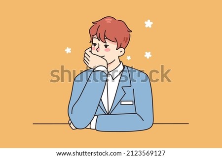 Male concierge sit at desk look in distance dreaming and imagining. Man administrator feel bored at workplace in hotel or business center, lost in dreams and thoughts. Vector illustration. 
