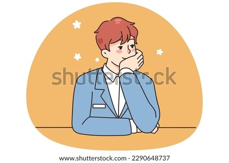 Male concierge sit at desk look in distance dreaming and imagining. Man administrator feel bored at workplace in hotel or business center, lost in dreams and thoughts. Vector illustration.