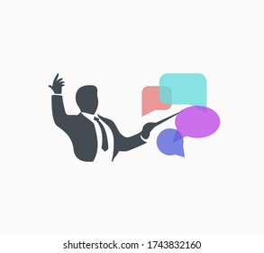 A male conductor in business suit conducting dialogues. Communication management illustration