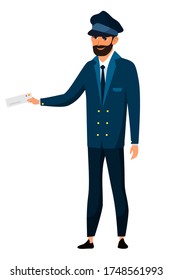 Male conductor isolated person. Man in uniform is standing in front view, holds checking tickets. Work by railway, boarding of passengers, transport infrastructure. Vector character illustration