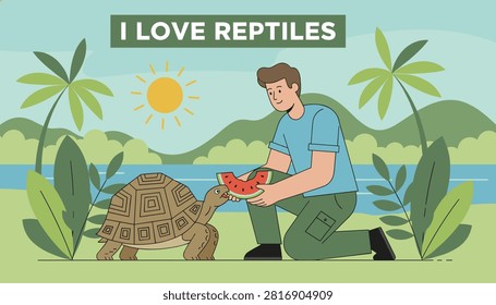 Male conservationist kneeling down to feed slice of juicy watermelon to large land tortoise in natural tropical riverbank habitat.