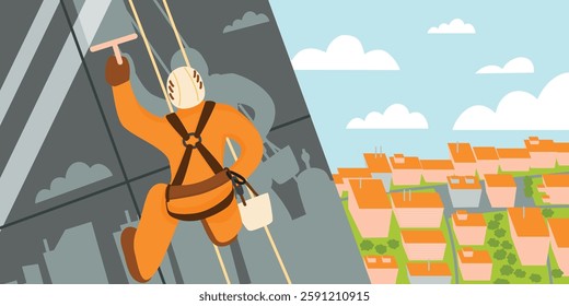 Male construction climber washing windows of a high-rise building. View from above of the city. Horizon with clouds. Cleaning work outside the house. Vector illustration in flat colors style.