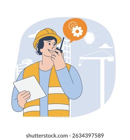 Male Construction Engineer Communicating via Walkie-Talkie at Building Site
