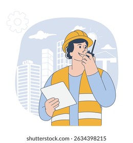 a male construction engineer wearing a yellow safety vest and helmet, using a walkie-talkie while holding a clipboard. Tall buildings and cranes in the background suggest an urban construction