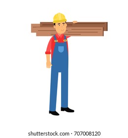 Male construction worker character carrying planks cartoon vector Illustration