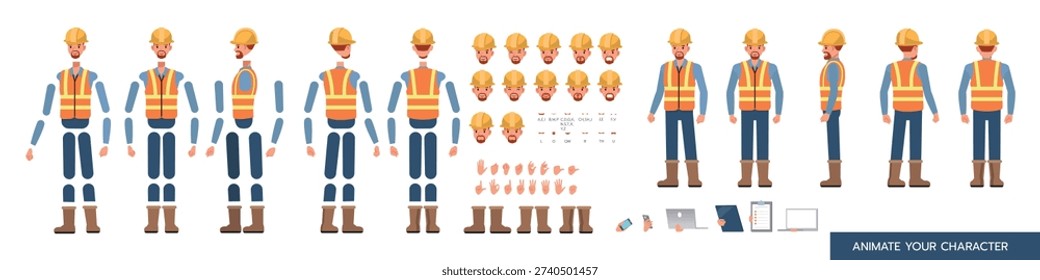 Male construction worker character construction kit with different poses facial expressions and equipment for animation. Vector illustration design.