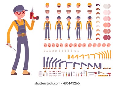 Male construction worker creation set. Full length, different views, emotions, gestures, isolated against white background. Build your own design. Vector illustration