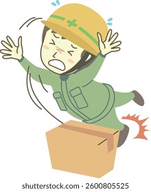 Male construction worker falls over a piece of cardboard