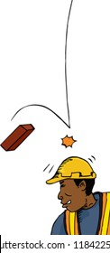 Male construction worker hit on head with brick