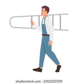 Male construction worker holding a stair and walk side view. Flat vector illustration isolated on white background