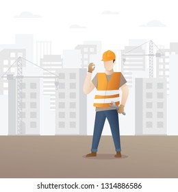 Male construction worker. Construction worker holding wrench. Building and construction industry cartoon background with workers. Construction Worker character vector design.