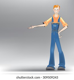 male construction worker, a worker in overalls with inviting gesture of hands, vector