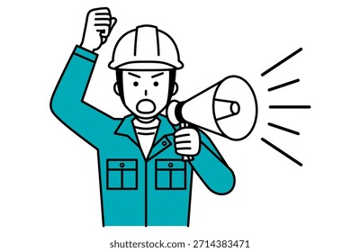 A male construction worker protesting with a loudspeaker