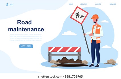 Male Construction Worker Puts A Sign Of Road Maintenance. Man In Uniform Is Warning About Road Maintenance. Website, Web Page, Landing Page Template. Flat Cartoon Vector Illustration