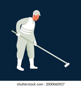 Male construction worker in safety reflective clothing, protective workwear, hold construction tool isolated on dark background. Modern flat vector illustration. Social media template.