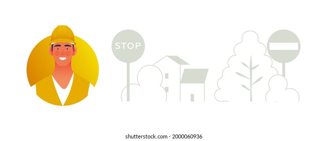 Male construction worker in safety reflective vest and protective workwear in circle shape, various city and nature landscape background. Modern flat vector illustration. Social media template.