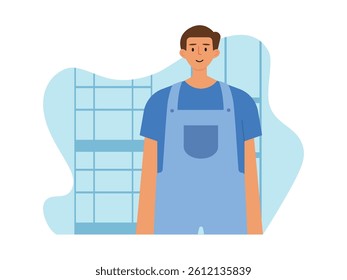 Male construction worker, structural building. Design character. Vector flat illustration