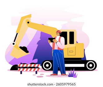 Male construction worker with a tablet standing near a yellow excavator on a worksite, colorful flat style on white background. Concept of building work. Vector illustration
