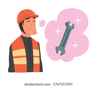 Male Construction Worker Thinking about Wrench, Human Thoughts and Needs Cartoon Style Vector Illustration on White Background
