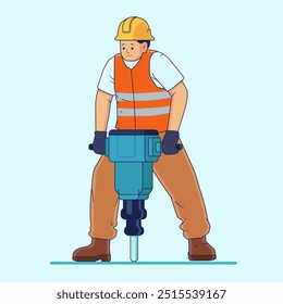 A Male Construction Worker Is Using A Demolition Hammer.