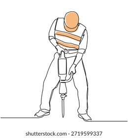 Trabajador de construcción masculino usando Jackhammer dibujo de una línea. Trabajador de construcción masculino usando Jackhammer ilustración de una sola línea. Trabajador de construcción masculino usando el arte de línea minimalista Jackhammer.