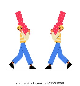 Male Construction Workers Carrying Red Bricks In Flat Vector Illustration Symbolizing Manual Labor, Teamwork, And Building Construction, Isolated On White Background