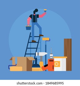 male constructor worker remodeling in stair painted vector illustration design