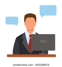 A male consultant is sitting at a computer. Office work. Customer service. Helping clients. Concept illustration for call center, support, hotline, telemarketing. Vector in flat style.