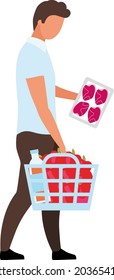 Male consumer choosing meat package semi flat color vector character. Full body person on white. Visit to supermarket isolated modern cartoon style illustration for graphic design and animation